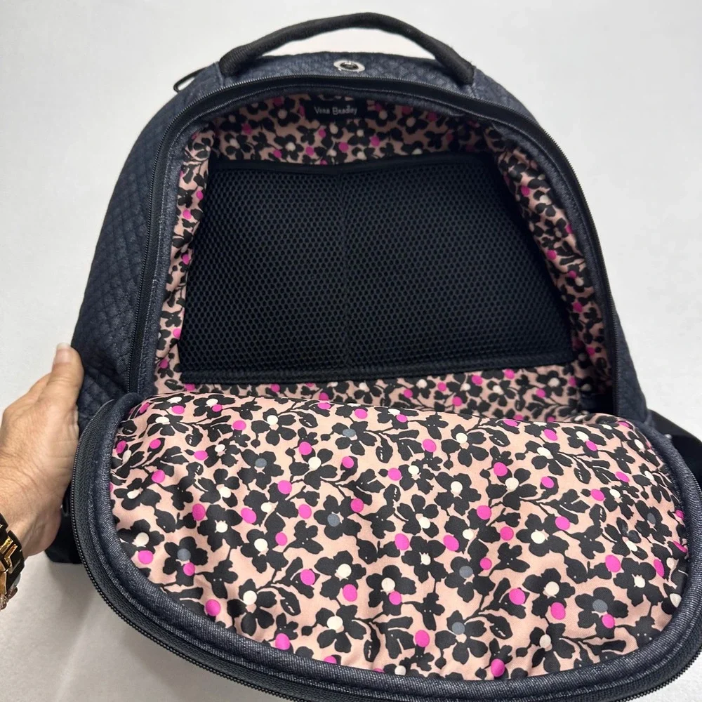 Vera Bradley Campus Navy Quilted Denim Backpack Floral Lining Travel Bag Floral